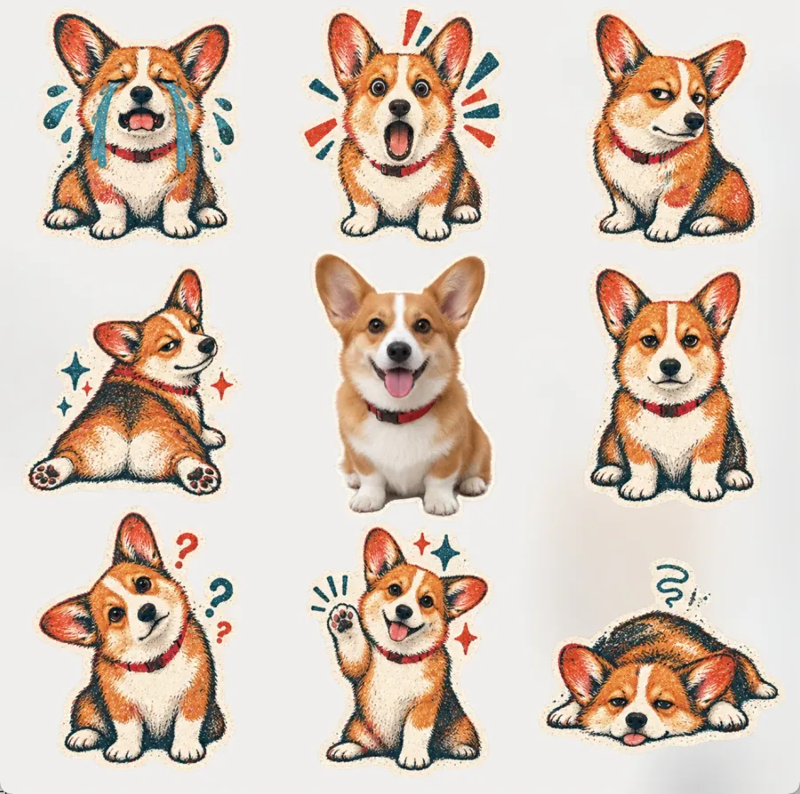 FireRed AI generated corgi expression sticker collection