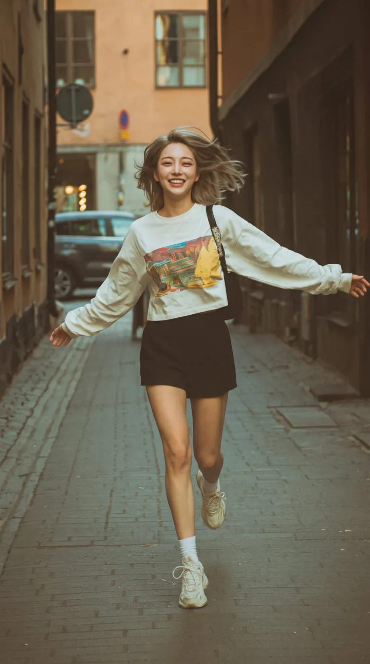FireRed AI generated street fashion portrait of a smiling woman